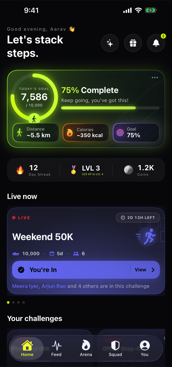 The Blevo app home screen with a demo account: today’s steps, streak, coins and your challenges